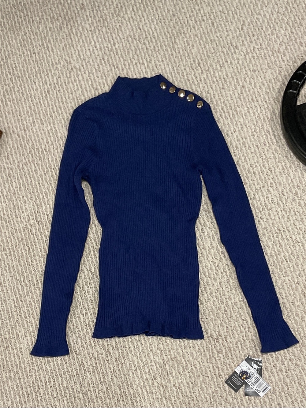 INC International Concepts Royal Blue Ribbed Mock Neck Sweater with Gold Buttons